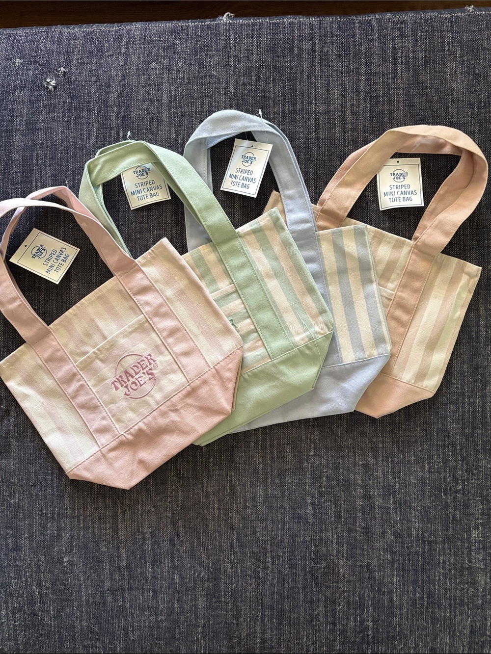 NWT Trader Joe’s striped mini tote SET OF 4 (pink/green/blue/tan)